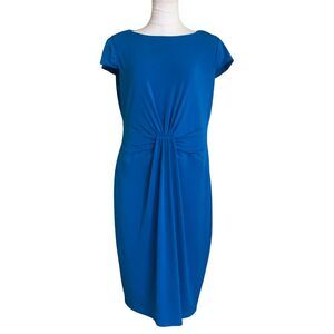 Anne Klein Dress Size 8 Blue Sheath Ruched Waist Cap Sleeve Knee Length Elegant